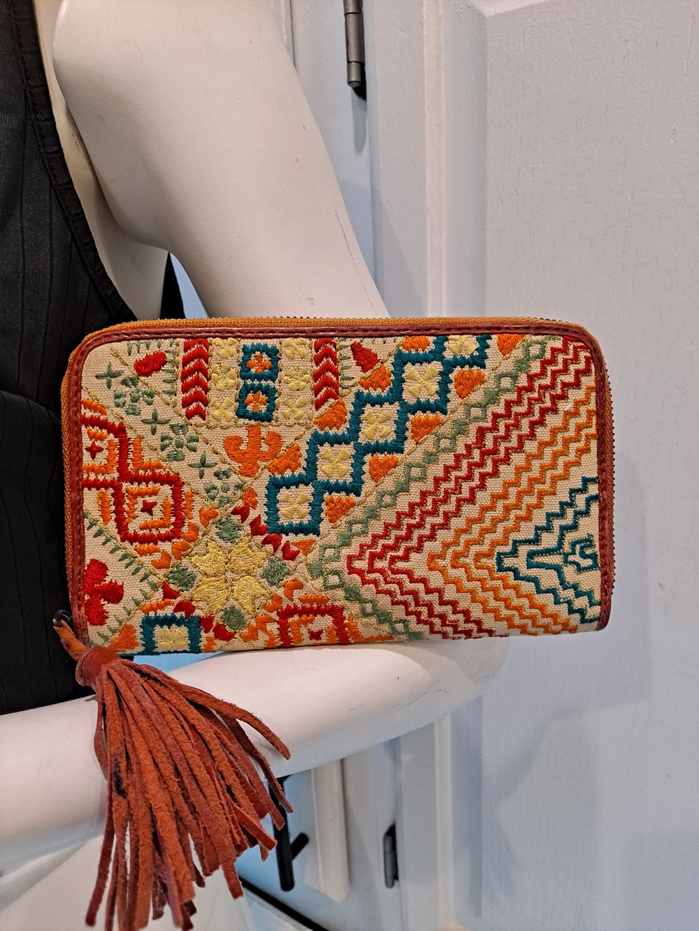 MO & Co. Embroidered Multicolor Canvas Zip Wallet w/Leather Tassel
